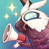 A fantastical moth with luminous blue eyes looking to the left and holding a megaphone. The background is blue with sparkles.